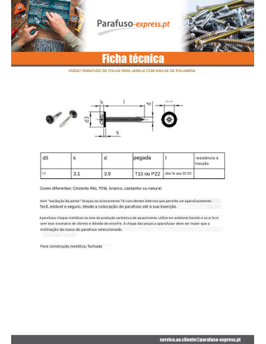 Parafuso de chapa cabeça cilíndrica TORX T15 + Rondela Nylon 3,9X16 Aço inoxidável A2 castanho