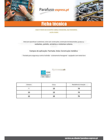 Parafuso de betão cabeça hexagonal S13 Aço inoxidável A4 10X70 roscado sobre 5