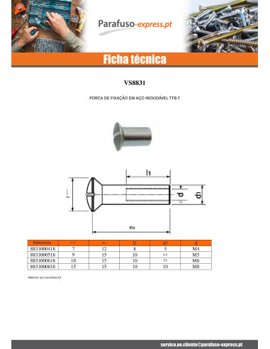 PARAFUSO JANELA cabeça fresada de panela sulcada M5X10 6,5 x 15 diâmetro da cabeça 9 Aço inoxidável A2