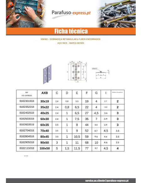 Dobradiça retangular 100X50 Aço inoxidável - Parafuso Express