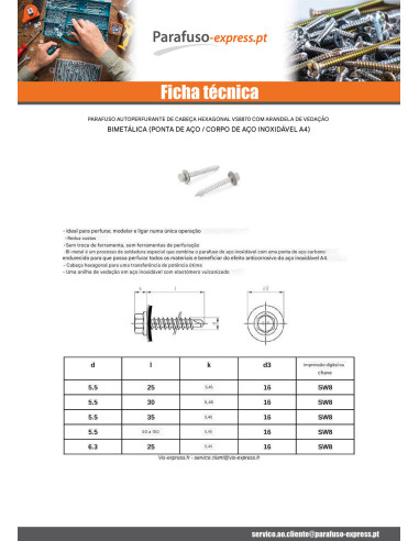 Autoperfurante Bimetal Aço / Aço inoxidável A4 cabeça hexagonal Arruela estanque com junta de neopreno epdm 5,5X90