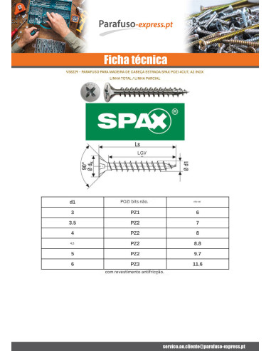 Spax Parafuso de madeira cabeça fresada Pozi PZ6 5X100 roscado sobre 61 rosca parcial 4CUT Aço inoxidável A2