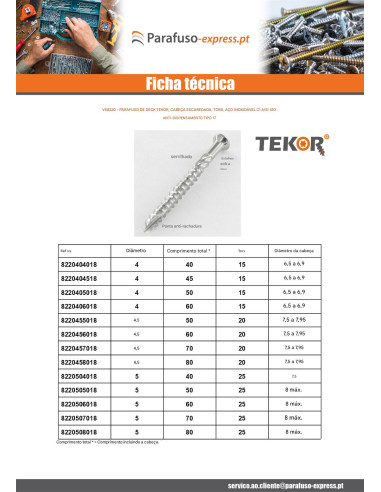 Parafuso de terraço pico cut TEKOR cabeça fresada de panela TORX T20 4,5X60 cut ponto antifenda tipo 17 Aço