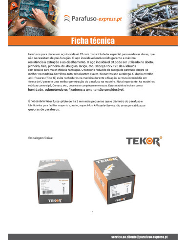 Parafuso de terraço pico cut TEKOR cabeça fresada de panela TORX T20 4,5X60 cut ponto antifenda tipo 17 Aço
