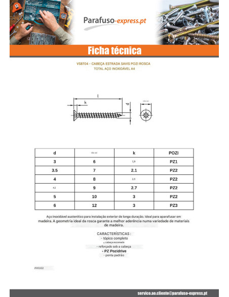 Parafuso de madeira aglomerado cabeça fresada Pozi PZ6 4X40 rosca total Aço inoxidável A4