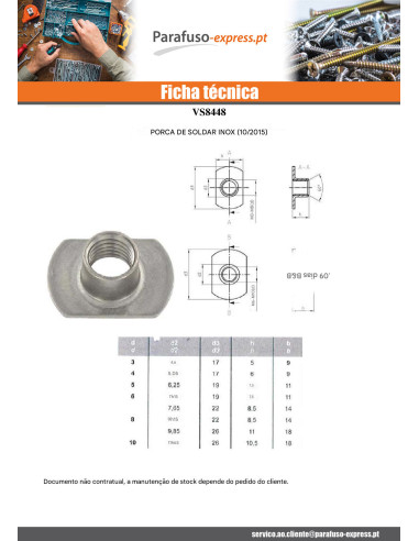 Porca cilíndrica de soldar M6 19X11 alto 7,5 Aço inoxidável A2