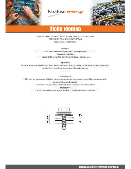 Autoperfurante Bimetal cabeça hexagonal 5,5 x 50 rosca total Arruela estanque com junta de neopreno epdm 16 espessura