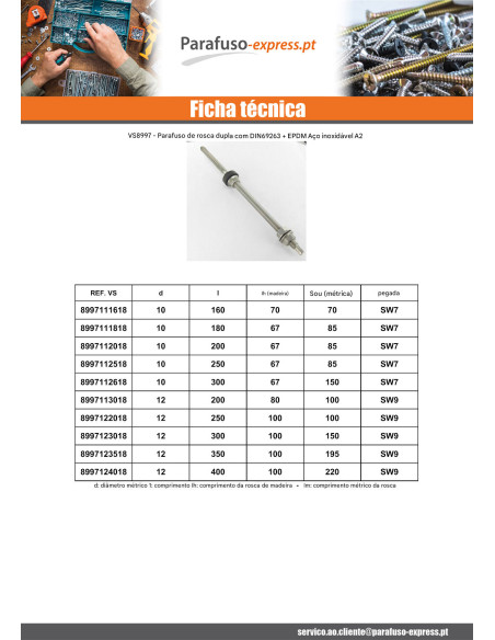 Parafusos para painéis solares SW9 12X400 Aço inoxidável A2