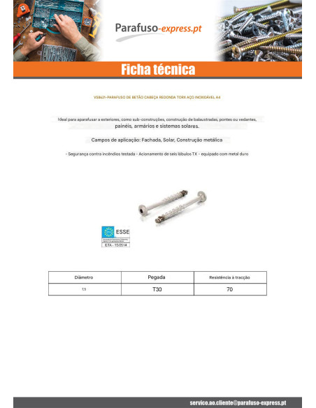 Parafuso de betão cabeça cabeça panela TORX T30 Aço inoxidável A4 7,5 x 100 roscado sobre 45