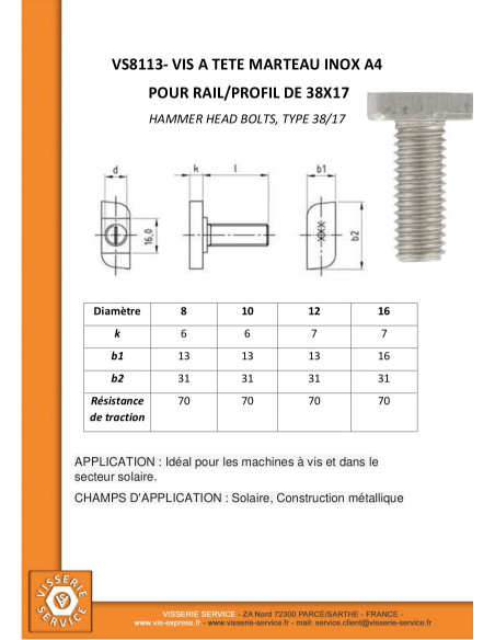 Parafuso de metais cabeça martelo 13X31X6 M12X60 Aço inoxidável A4 para 38/17 perfis