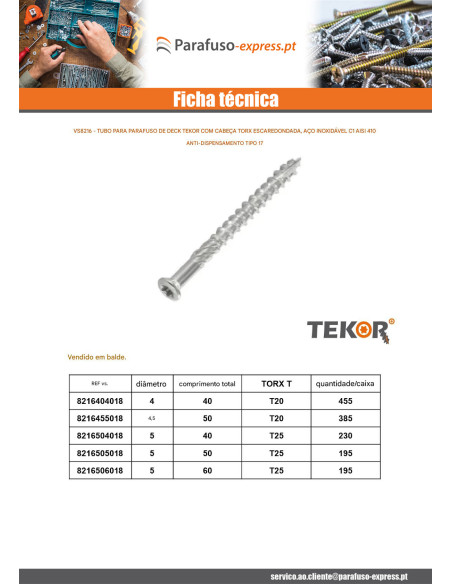Balde de 455 Parafuso de terraço pico cut TEKOR 4X40 cut ponto antifenda tipo 17 Aço inoxidável C1 AISI 410 cabeça