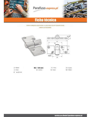 Dobradiça removível Direita Aço inoxidável A4 92X36