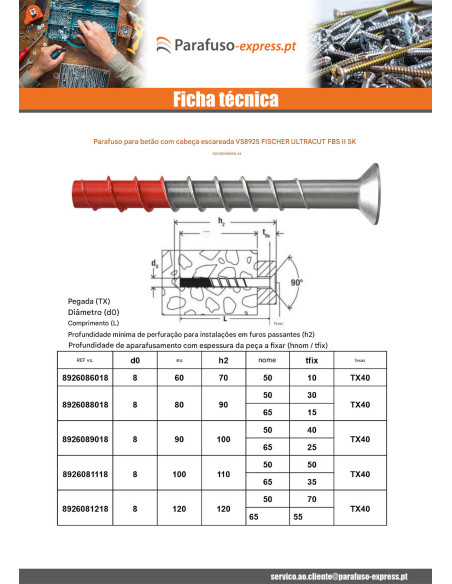 Parafuso de betão cabeça fresada FISCHER ULTRACUT FBS II SK 10X120 Aço inoxidável A4