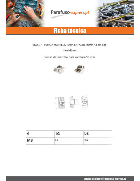 Porca martelo 9,9 x 19,5 M8 Aço inoxidável A2 - Parafuso Express