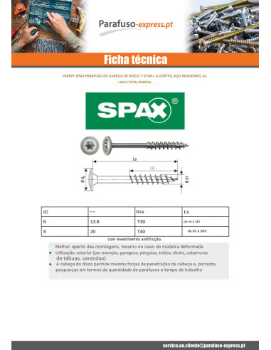 Spax Parafuso estrutural cabeça de disco Aço inoxidável A2 6X60 rosca total TORX T30
