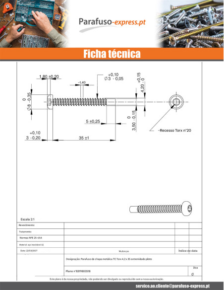 Parafuso de chapa cabeça abaulada larga 4,2X35 Aço inoxidável A2 TORX T20 perno piloto