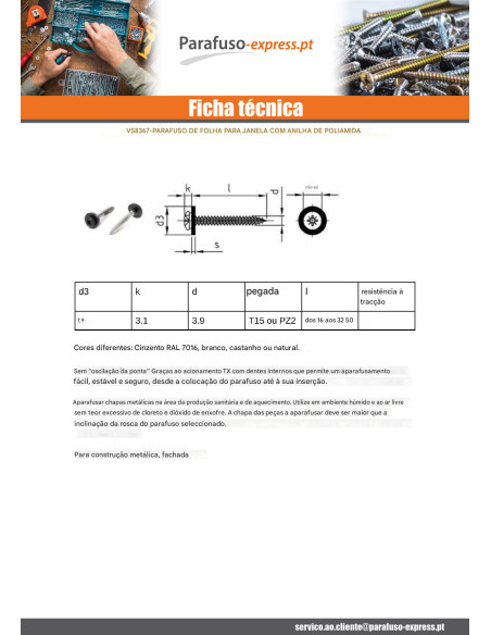 Parafuso de chapa cabeça cilíndrica TORX T15 + Rondela Nylon 3,9 x 25 Aço inoxidável A2 RAL7016 cinzento antracite