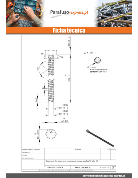 Parafuso de chapa autorroscante cabeça hexagonal 6,3X100 Aço inoxidável A2 Aço zinco branco