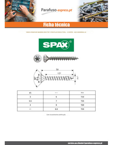 Spax Parafuso de madeira cabeça fresada de panela T-STAR TORX T15 3,5 x 30 rosca total Aço inoxidável A2