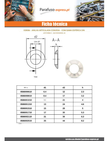 Anilha cónica e esférica forma C Aço inoxidável A2 15X28X5