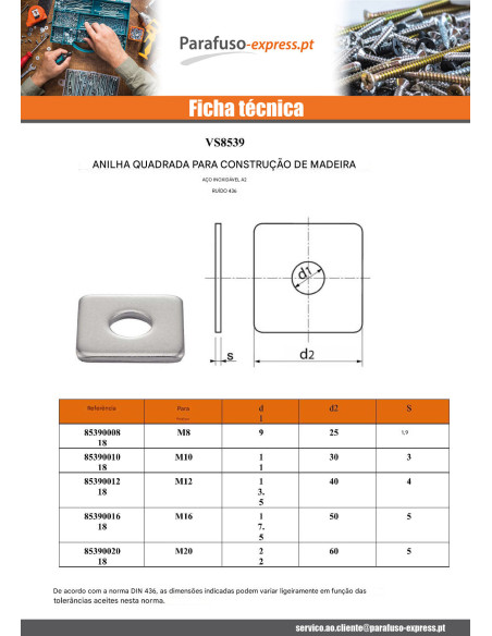 Arruela quadrada para construções de madeira M16 17,5 x 50 x 5 Aço inoxidável A2