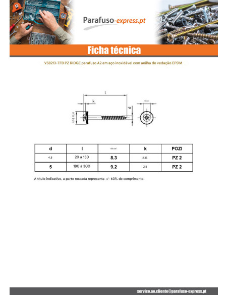 Parafuso para telhas cabeça fresada de panela Pozi Aço inoxidável A2 cobre Arruela estanque com junta de neopreno
