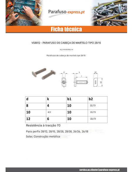 Parafuso de metais cabeça martelo 10X10X4,5 M10X20 Aço inoxidável A4 para 28/15 perfis