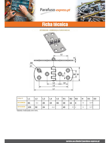 Dobradiça Tipo E 6 orifícios Aço inoxidável A2 100X40