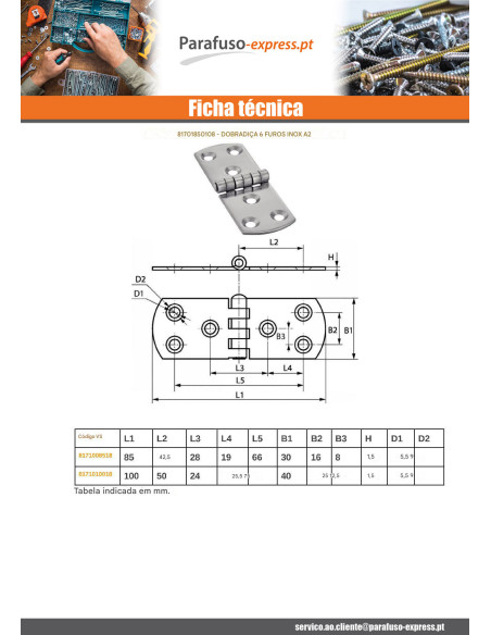 Dobradiça Tipo E 6 orifícios Aço inoxidável A2 100X40