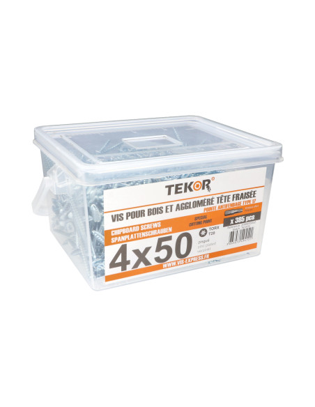 Balde de 385 Parafusos de madeira e aglomerado TEKOR 4X50 cabeça fresada TORX T20 cut ponto antifenda tipo 17 Aço