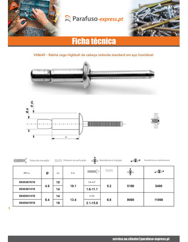 Rebite Cego HIGHBOLT Cabeça redonda padrão Totalmente em Aço Inoxidável 6,4X14