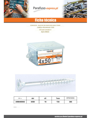 Balde de 385 Parafusos de madeira e aglomerado TEKOR 4X50 cabeça fresada TORX T20 cut ponto antifenda tipo 17 Aço