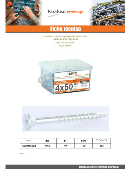 Balde de 385 Parafusos de madeira e aglomerado TEKOR 4X50 cabeça fresada TORX T20 cut ponto antifenda tipo 17 Aço