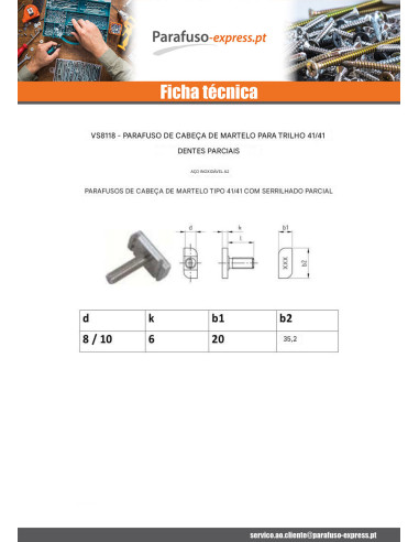 Parafuso de metais cabeça martelo 20X35,2X6 M8X30 Aço inoxidável A2 T41/41
