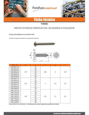 Parafuso de chapa Seguro Aço inoxidável A2 cabeça cilíndrica TORX T25 com pino 4,8X19