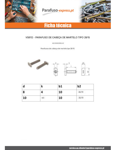 Parafuso de metais cabeça martelo 10 x 4,5 x 22,73 M8X53 Aço inoxidável A2 para 28/15 perfis