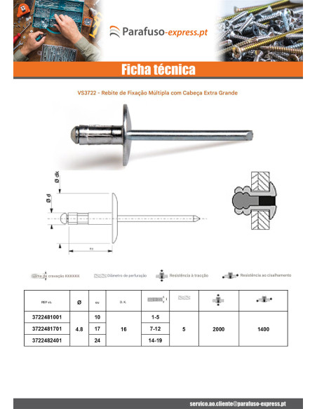 Multigrip blindklinknagels Alumínio Pino de aço 4,8 x 10 cabeça extra larga