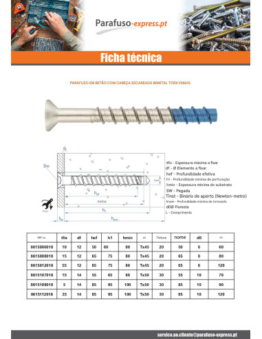 Parafuso de betão cabeça fresada TORX T45 8X80 Bimetal