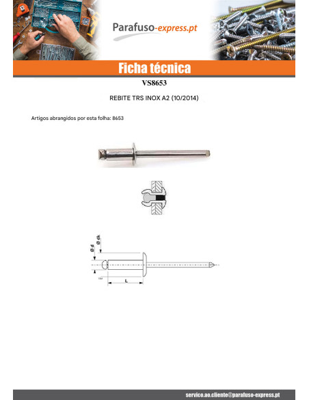 Rebite Cego Totalmente em Aço Inoxidável Cabeça redonda padrão 3,2 x 8 espessura de serrilha 3 con 5