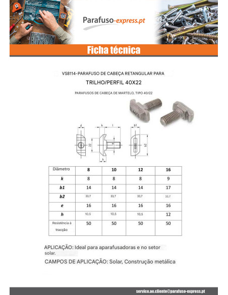 Parafuso de metais cabeça retangular 14 x 33,7 x 10,5 M10X50 T40/22 Aço inoxidável A4