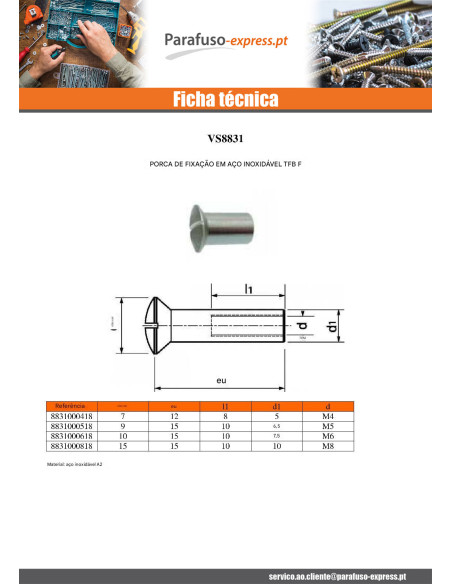 PARAFUSO JANELA cabeça fresada de panela sulcada M8X10 10X15 diâmetro da cabeça 15 Aço inoxidável A2