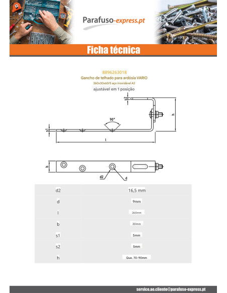 Gancho de para telhados VARIO 260x30x60 /5 Aço inoxidável A2