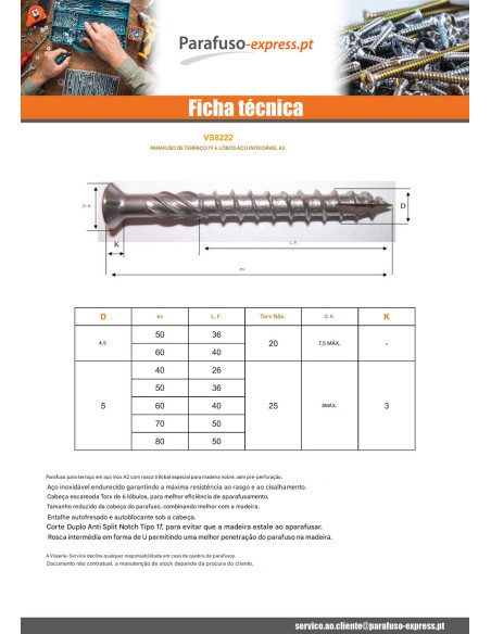 Parafuso de terraço pico cut TEKOR cabeça fresada dentado TORX T25 cut ponto antifenda tipo 17 5X80 Aço inoxidável