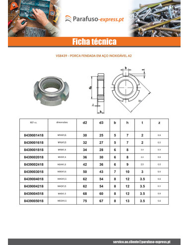 Porca com fenda Aço inoxidável A2 M14 passo de rosca de 150
