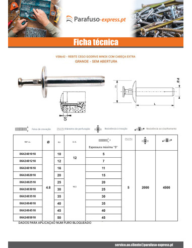 Rebite Cego GODRIVE MINOX cabeça extra larga cego 4,8X50