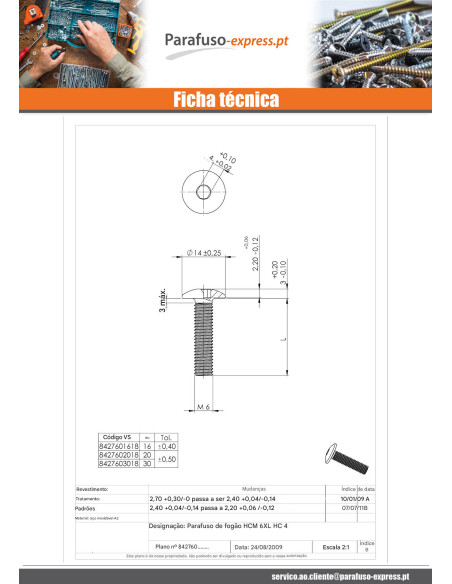 Parafuso de metais cabeça de cogumelo chave de 4 M6X30 Aço inoxidável