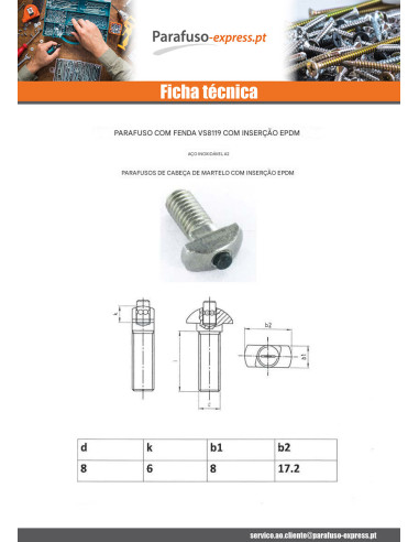 Parafuso de metais cabeça martelo 17,2 x 8 x 6 EDPM M8X22 Aço inoxidável A2