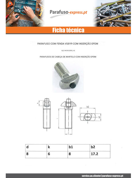 Parafuso de metais cabeça martelo 17,2 x 8 x 6 EDPM M8X22 Aço inoxidável A2