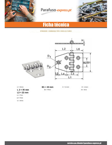 Dobradiça Tipo C 5 orifícios Aço inoxidável A2 55X40