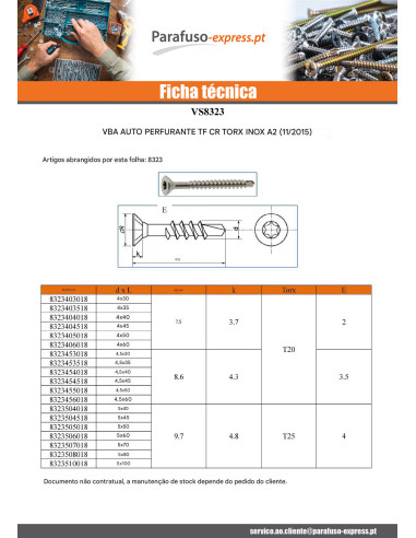Parafuso de madeira aglomerado autoperfurante cabeça fresada dentado 4,5X50 TORX T20 Aço inoxidável A2